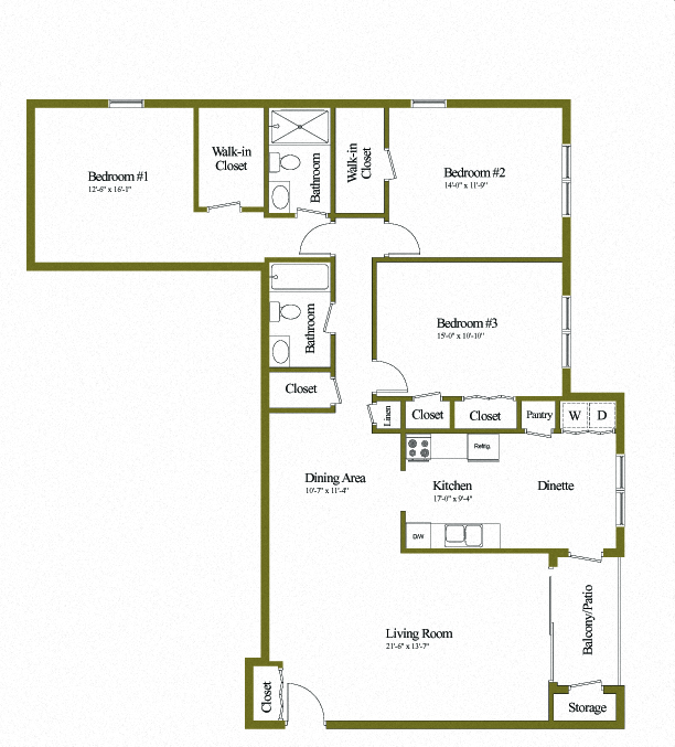 Floor plan for 3 beds, 2 baths, 1300 sqft